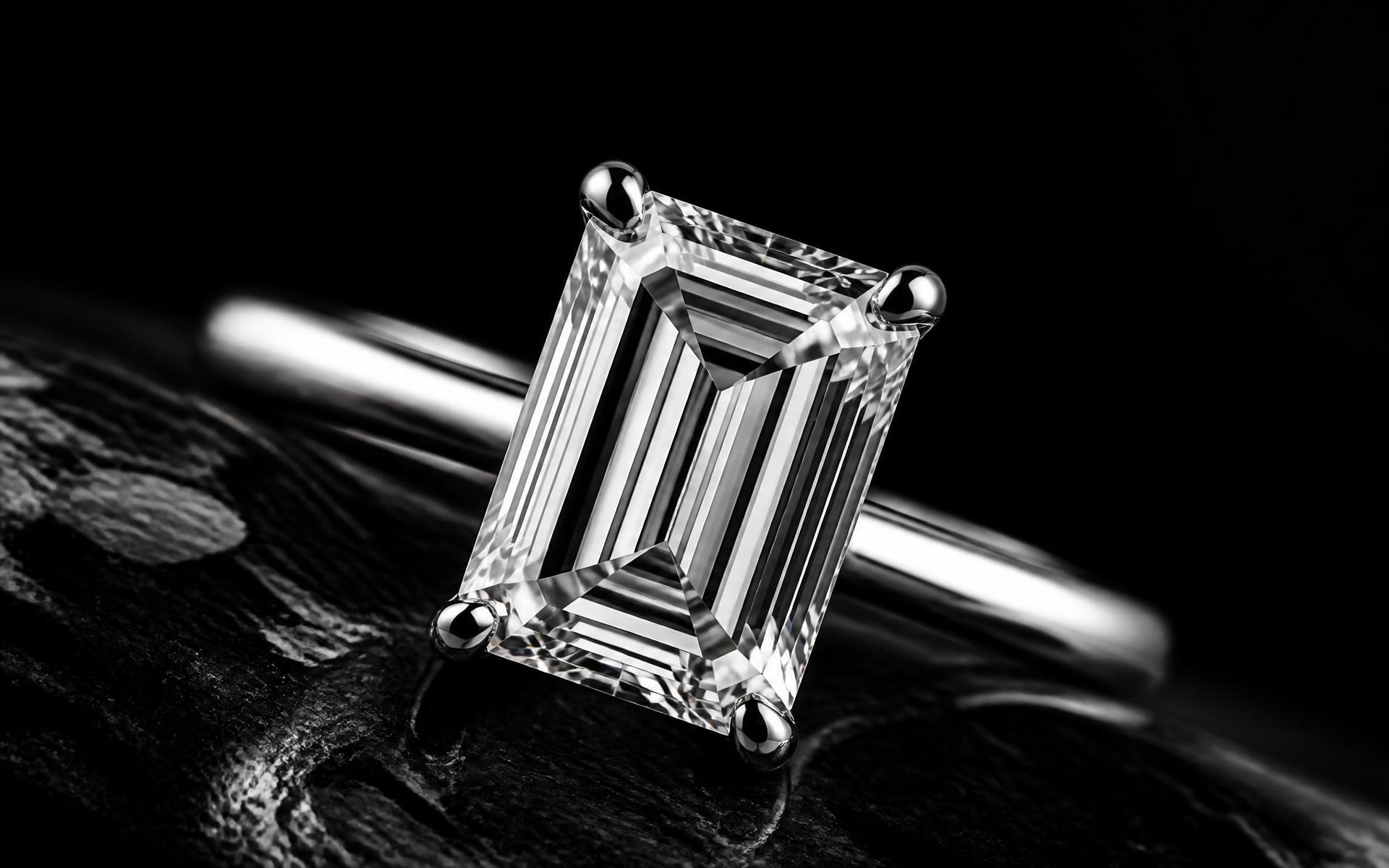 Emerald-cut lab-grown diamond solitaire ring on black stone